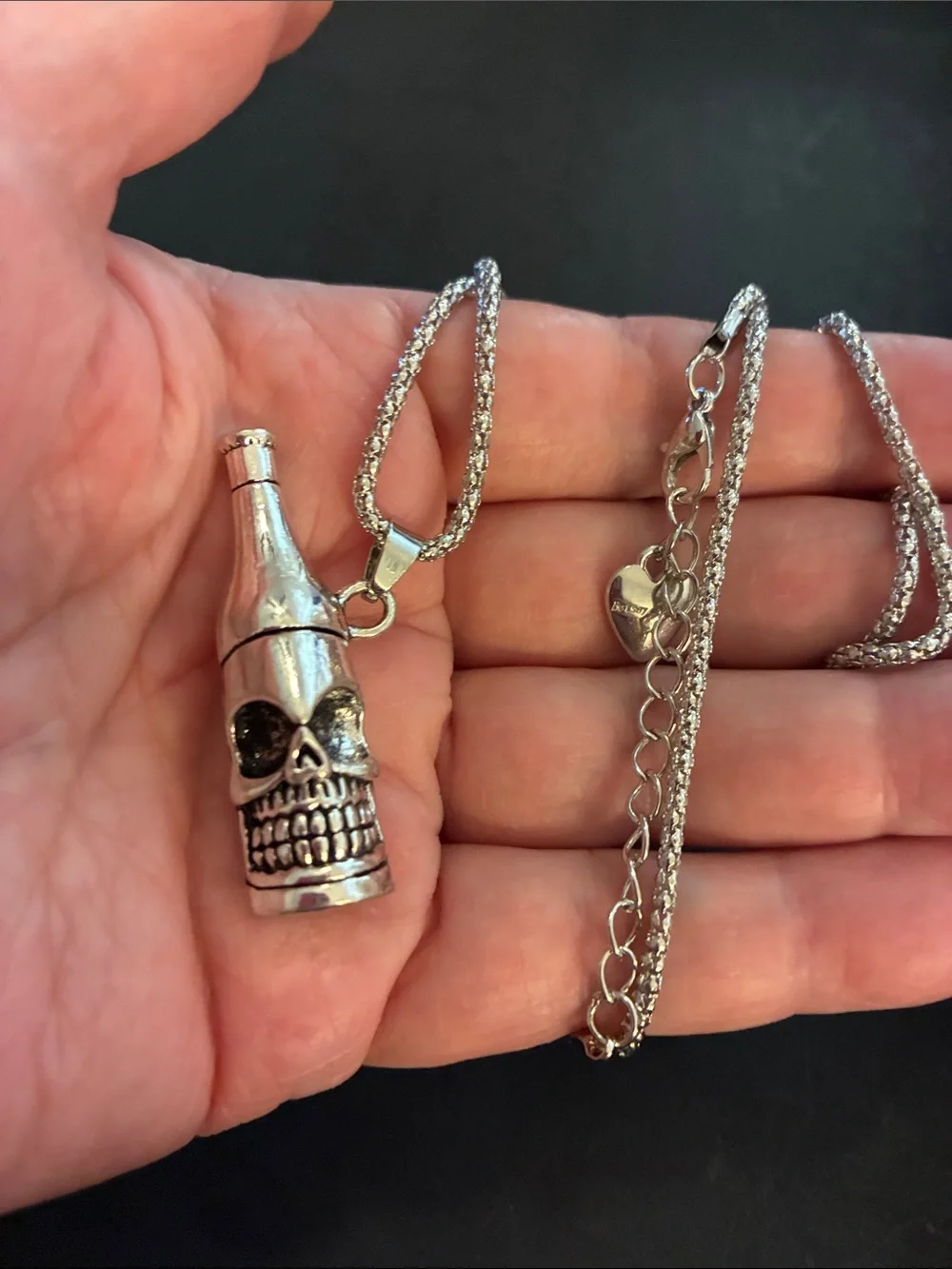 Silver Tone Skull Bottle Pendant Necklace - And Bottle Opener